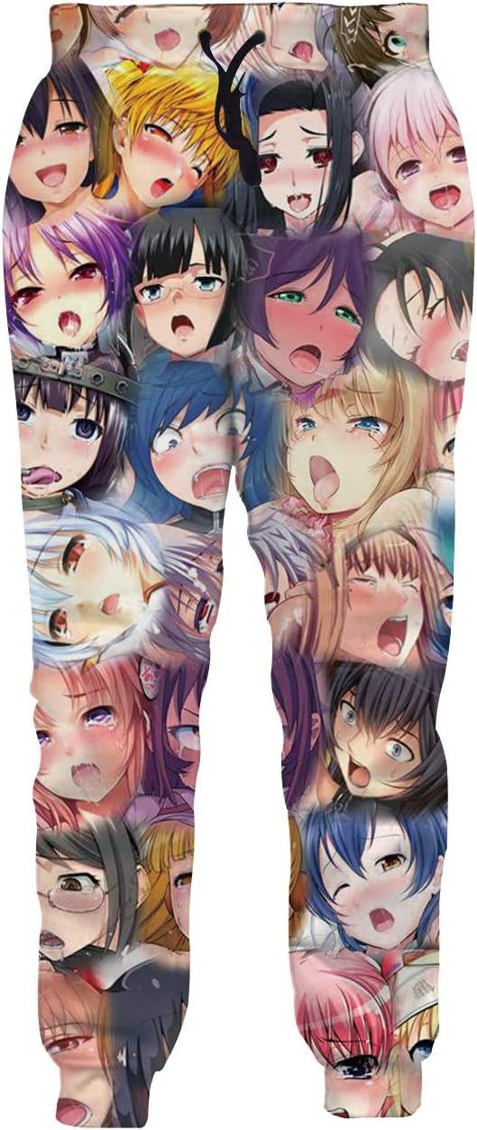 Ahegao Sweatpants Male Anime Pants Funny 3D Pattern Otaku Trouse Gym Jogger Long Clothes Black Drawstring Pants-3, X-Large