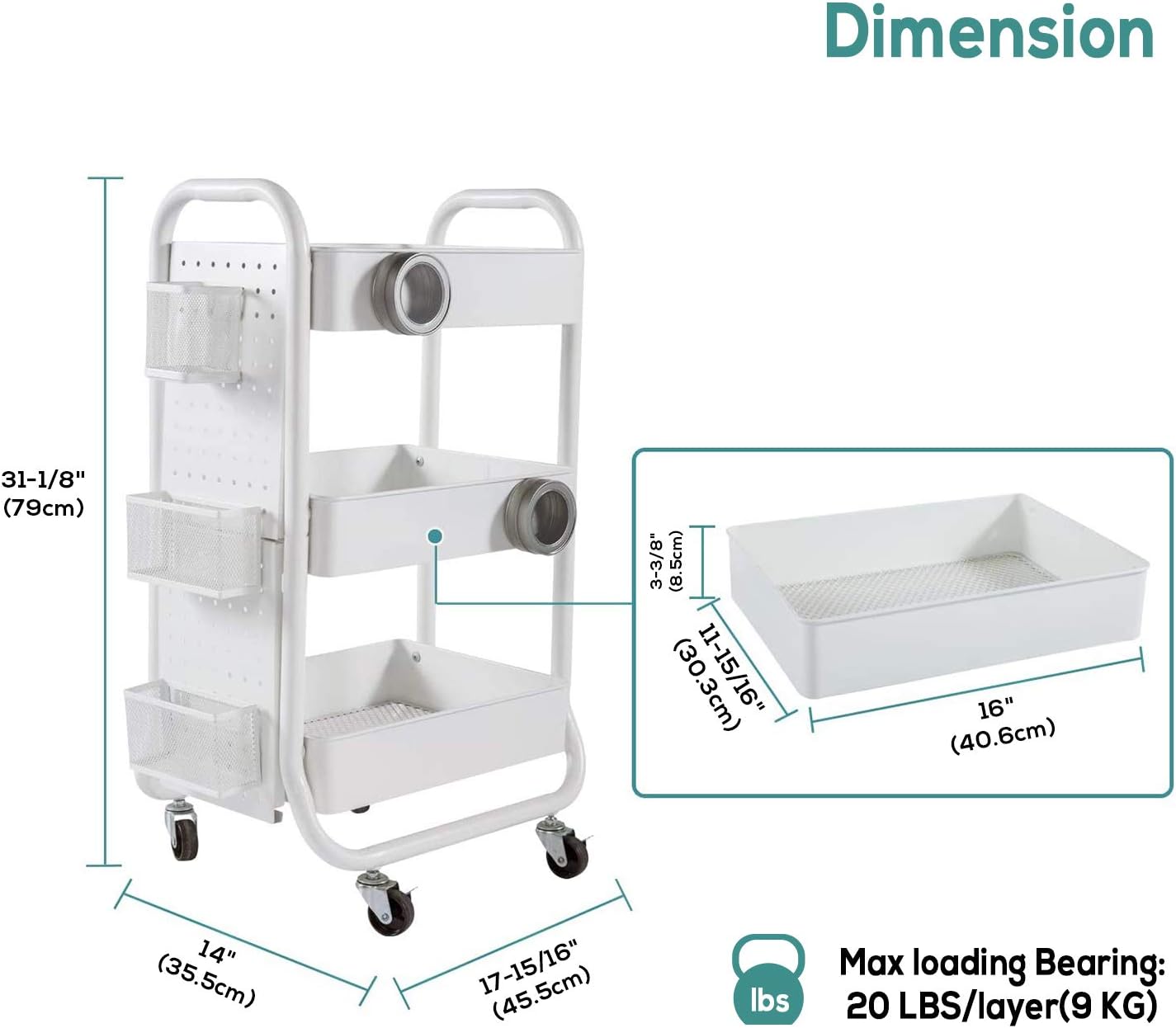DESIGNA 3-Tier Metal Rolling Utility Cart with Handle & Removable Pegboard, Extra Office Storage Accessories Craft Art Carts, White: Home & Kitchen