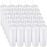 Potchen 30 Pcs Skinny Tumbler with Lid and Straw, 16 oz Matte Acrylic Tumbler Insulated Double Wall Plastic Reusable Cups Vinyl Customized DIY Gifts for Parties, Birthday, Home, Office (White)