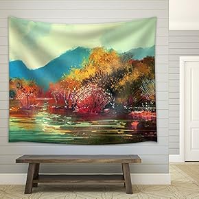Painting of Beautiful Autumn Forest,Illustration - Fabric Wall Tapestry Home Decor - 51x60 inches