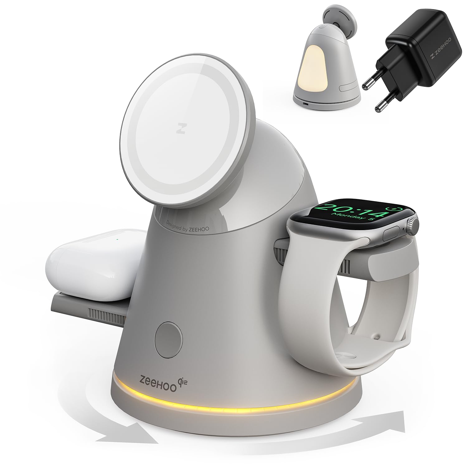 3 in1 Ladestation für Apple-Geräte, Qi2 Mag-Safe Ladeständer mit Licht, schnelle drahtlose Ladestation für iPhone 17/16/15/14/13/12 & AirPods & iWatch & Pixel 10 & Samsung Galaxy Watch, 30W Adapter