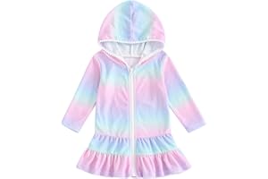 MOKOGGIRI Kids Hooded Terry Swim Cover Up for Girl Swimsuit Summer Zip Ruffle Dress Long Sleeve Floral Towel Coverup Swimwear