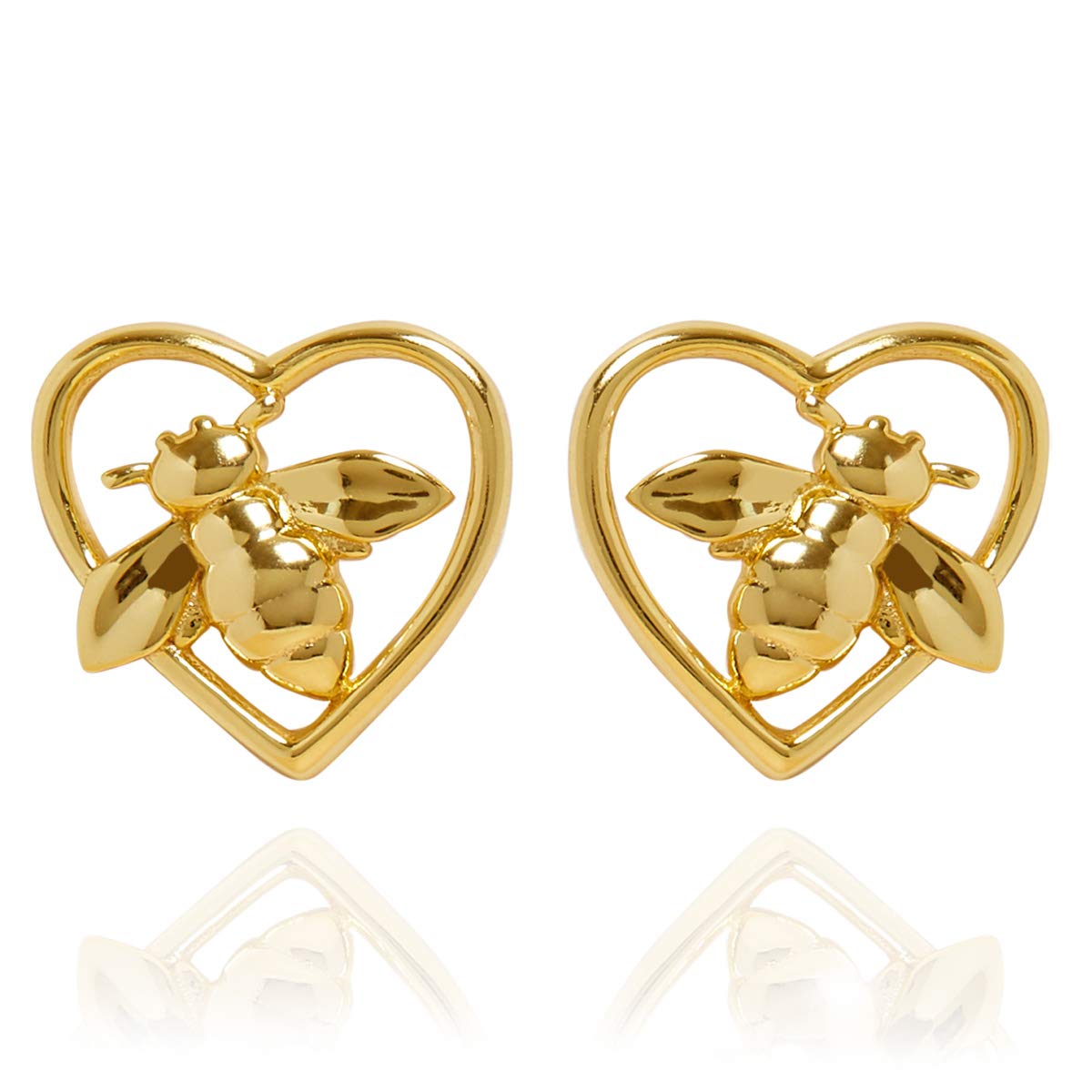 Annie Oak Womens 925 Silver 18K Gold Bee Heart Stud Earrings