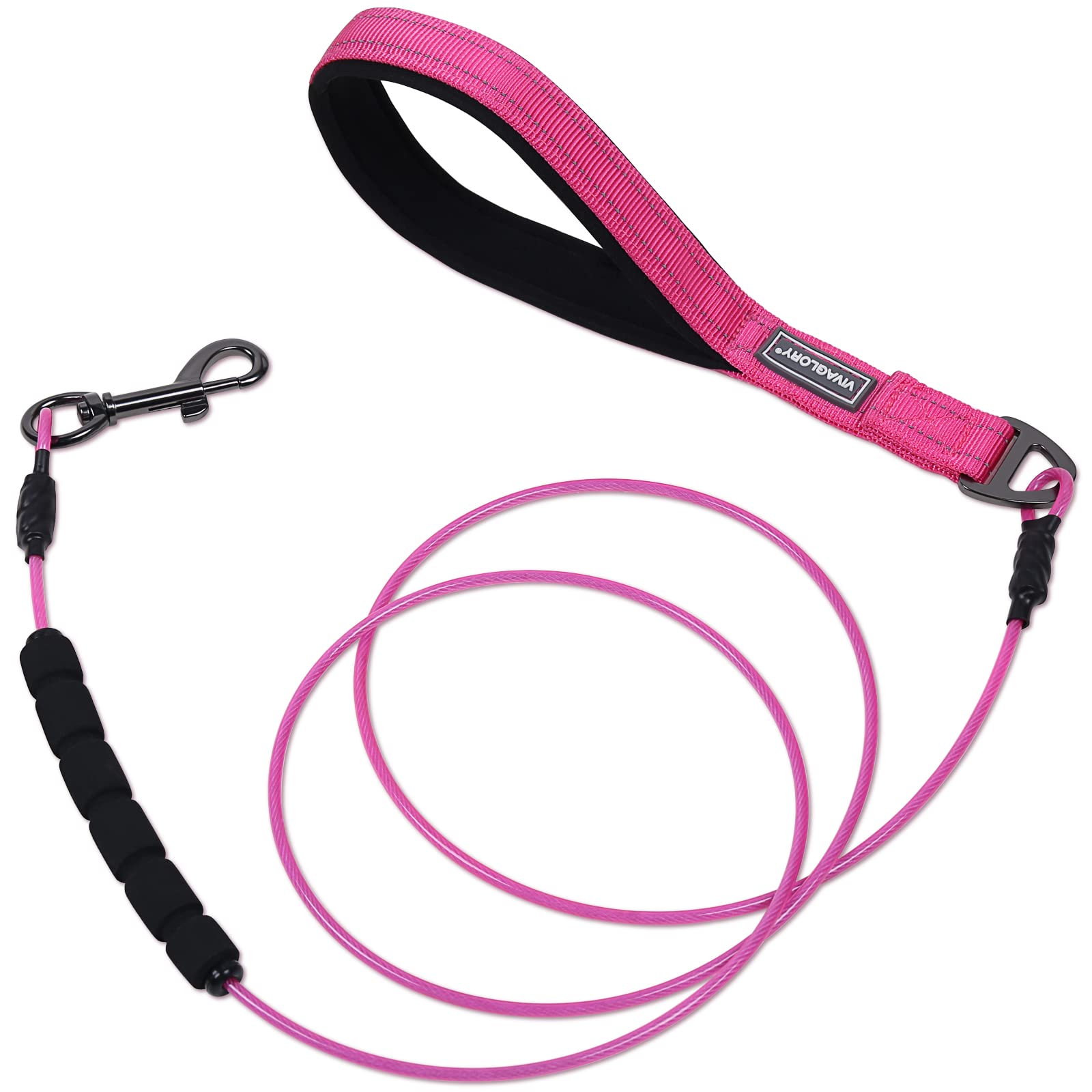 VIVAGLORY Chew Proof Dog Lead Toughbite Anti Chew Dog Lead, Leash with Traffic Handle & Double Handle for Training & Walking, Non Chewable Metal Chain Waterproof for Pet Puppy, 150cm, Pink