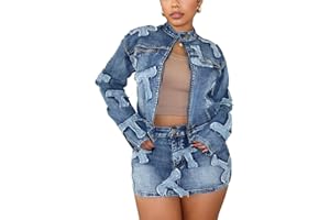 Molilove 2 Piece Denim Skirt Jacket Set Women Zipper Jacket Top Elastic Waist Skirt with Pockets Sweatsuit Tracksuit Sets
