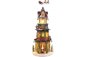 Chonsun Christmas Village Houses Christmas Collectible Buildings Bell Tower with LED Lights,Xmas Vacation Village Musical with USB Indoor Display Figurines Decoration