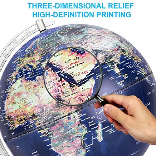 12 Inch Illuminated World Globe, Raised Relief Topographical Globe, Built-in LED Light for Night View, Magnifying Glass, Wood Stand for Learning Education Teaching Demo Home Office Desk Decoration