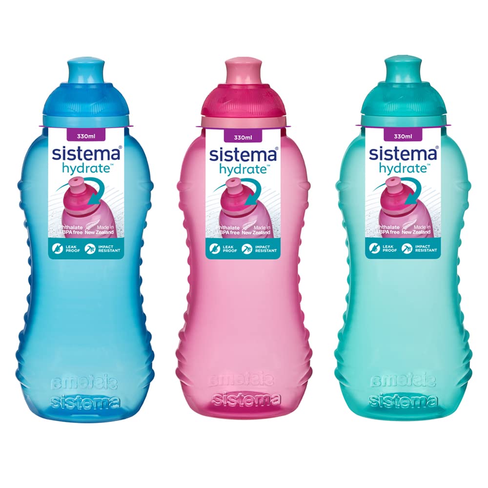 3 Sistema 330ml Twist n Sip Drink Bottles, Blue, Pink, Green