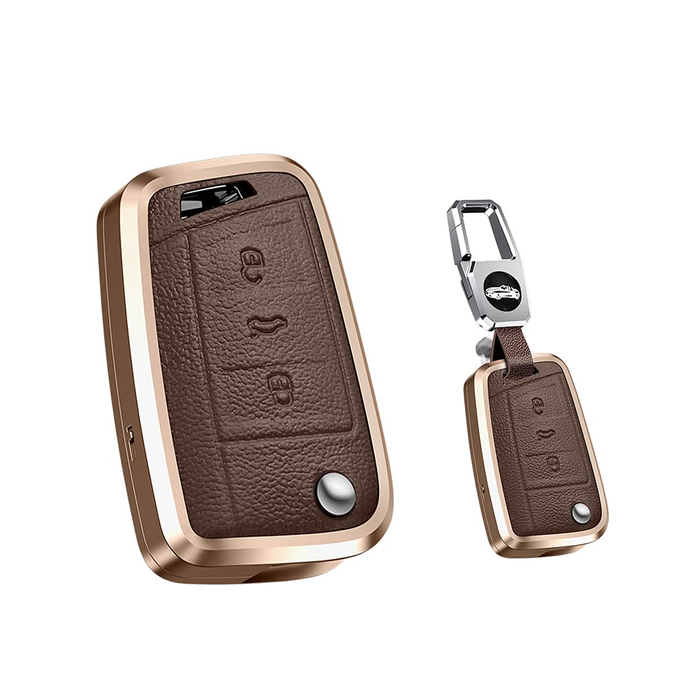 HIBEYO Smart Car Key Case for VW Skoda Karoq Superb Octavia Golf 7 MK7 MK4 Polo T-ROC Touran Seat Leon Ibiza Key Case Key Fob Leather (Brown)