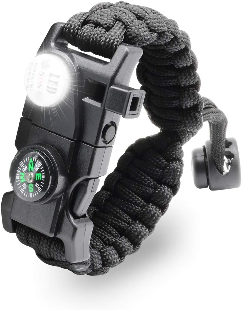 LeMotech 20 in 1 Adjustable Paracord Survival Bracelet, Tactical Emergency Gear Kit Includes SOS LED Flashlight, Compass, Rescue Whistle and Fire Starter-Outdoor Hiking Camping