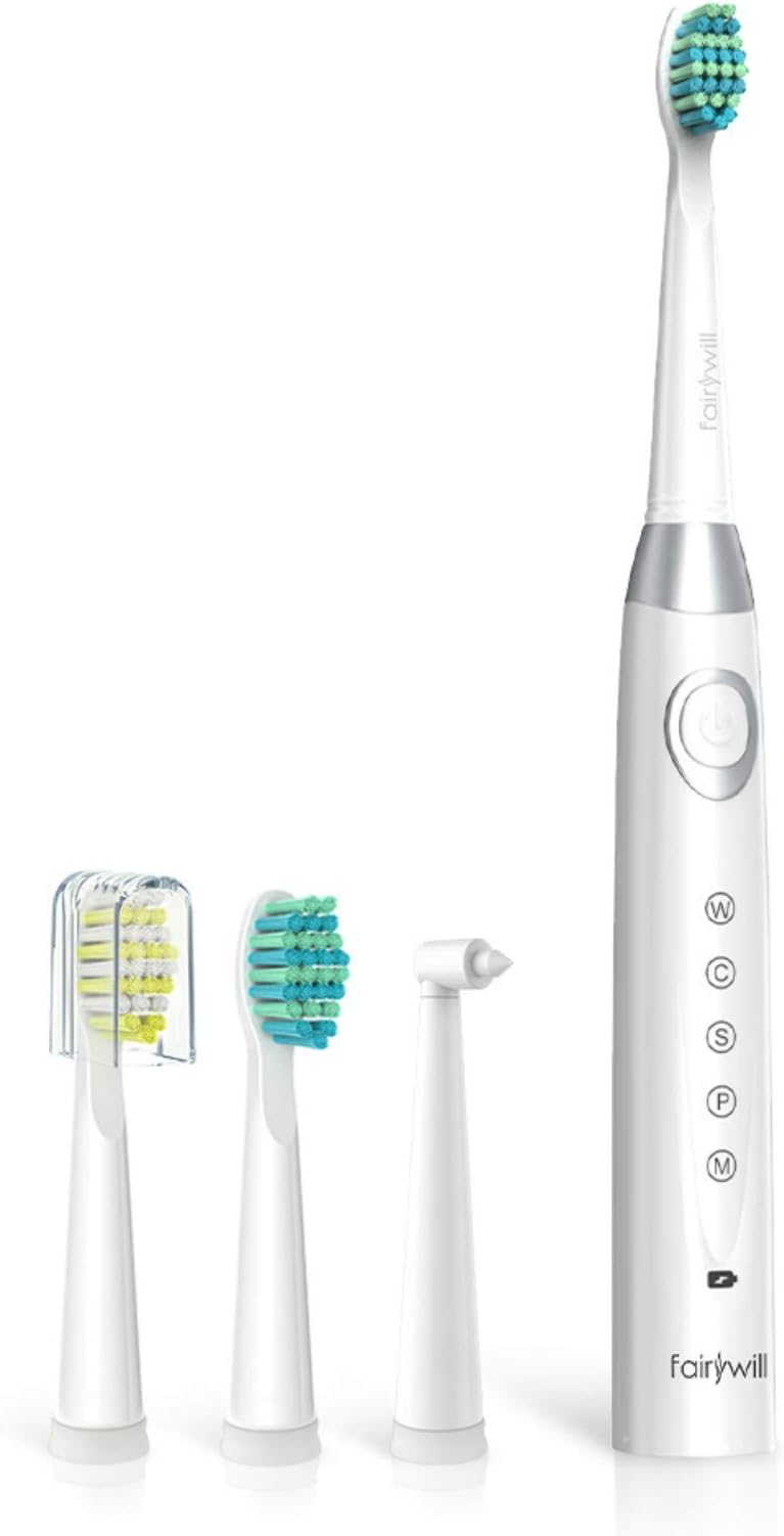 Fairywill Sonic Toothbrush with 5 Modes Charged 4 Hours at Least 30 Days Use, Electric Toothbrush Rechargeable with 4 Toothbrush Heads and 2 Mins Timer for Adults and Children(FW-508 White)