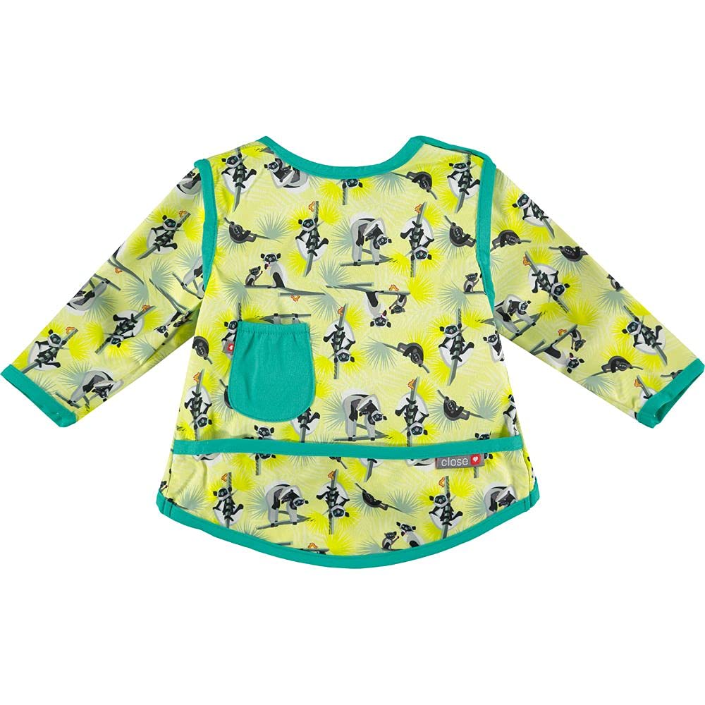 Close Pop-in Waterproof Baby Bibs Long Sleeve with Front Pocket from 6 to 18 Months Old, Machine Washable at 40 Degrees, Lemur Print