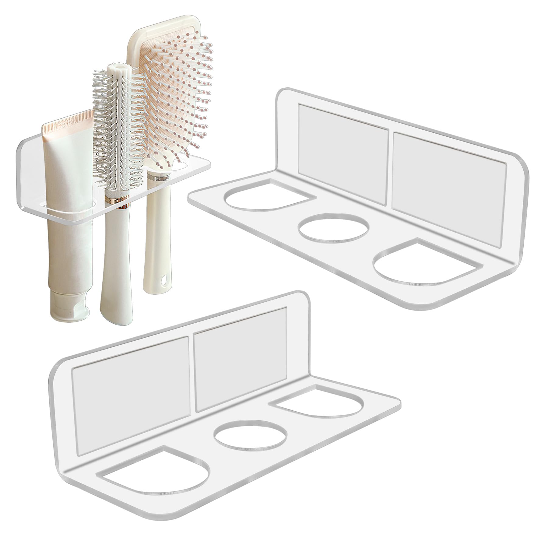 Photo 1 of 2PCS Acrylic Hair Brush Holder Adhesive Tool Organizer,Comb Holder with 3 Holes-Wall Mounted for Curling Wands/Straighteners