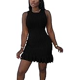 Nimsruc Women Summer Tank Dresses Sleeveless Crew Neck Casual Bodycon Mini Dress with Ruffle Hem