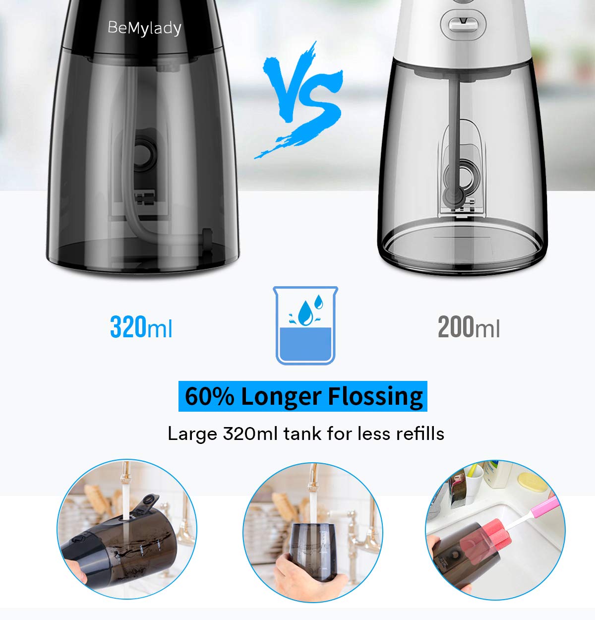 Cordless Water Flosser Pick Teeth Cleaner, BeMyLady 320ML Portable Water Flosser Pik Oral Irrigator for Travel, Home IPX7 Waterproof Water Dental Flosser with 4 Jet Tips for Braces and Teeth Whitening