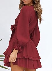 AlvaQ Womens Sexy Deep V Neck Mini Dress Tie Front