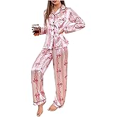 WDIRARA Women's 2 Piece Bowknot Print Satin Pajama Set Long Sleeve Button Down Lounge Pants Sleepwear Sets