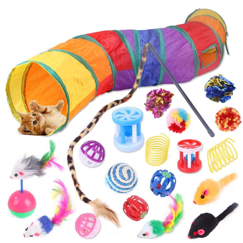 WANGCL 20 Pcs Cat Toys, Kitten Toys for Indoor Cats, Cat Tunnel Interactive Feather Teaser Wand Ball Toy Set for Kitty and Cats