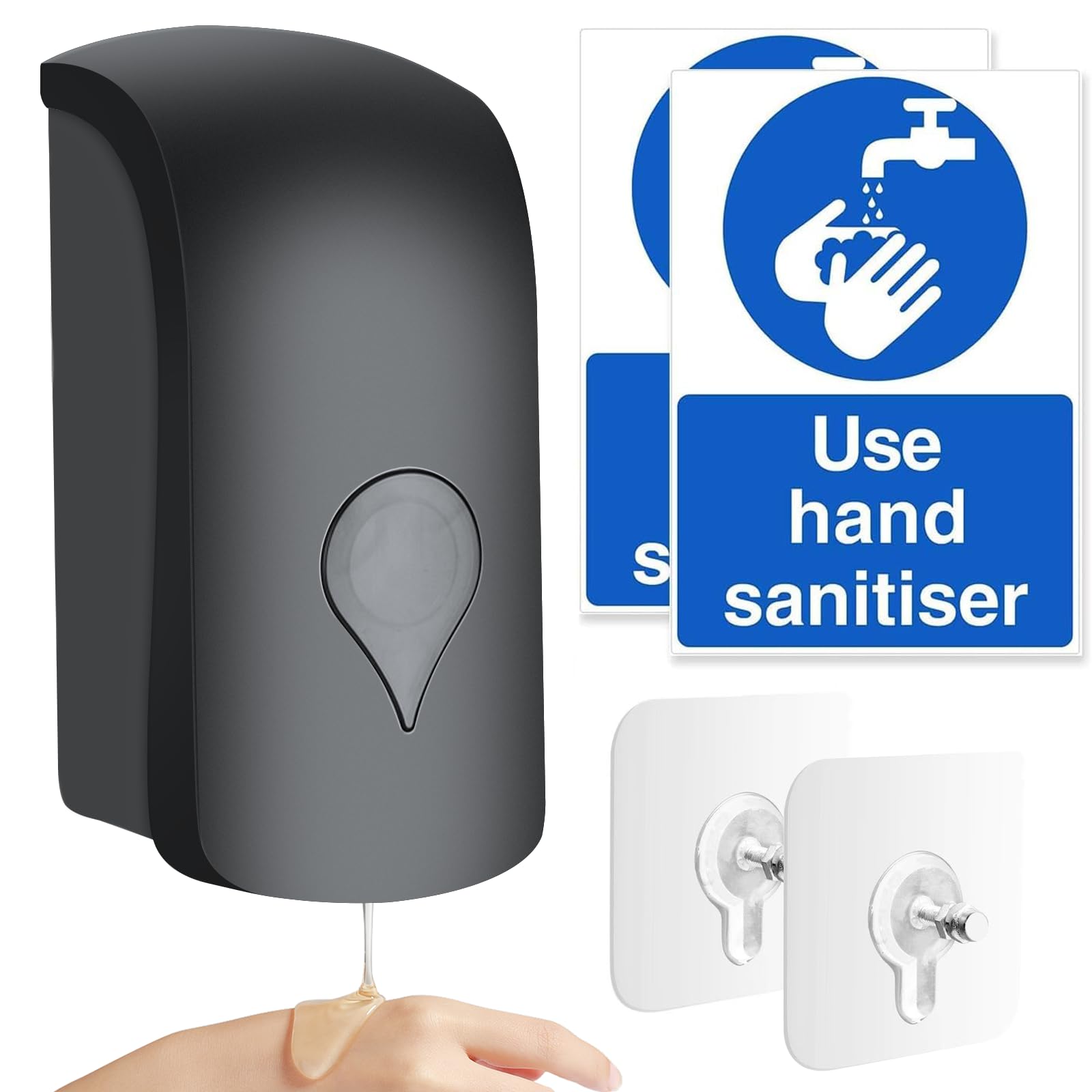 1000ML Soap Dispenser, Wall Mounted Liquid Soap Dispenser, Manual Gel Liquid Shampoo Detergent Container for Bathroom Kitchen Hotel School Office USE HAND SANITISER Sign Stickers (Black)