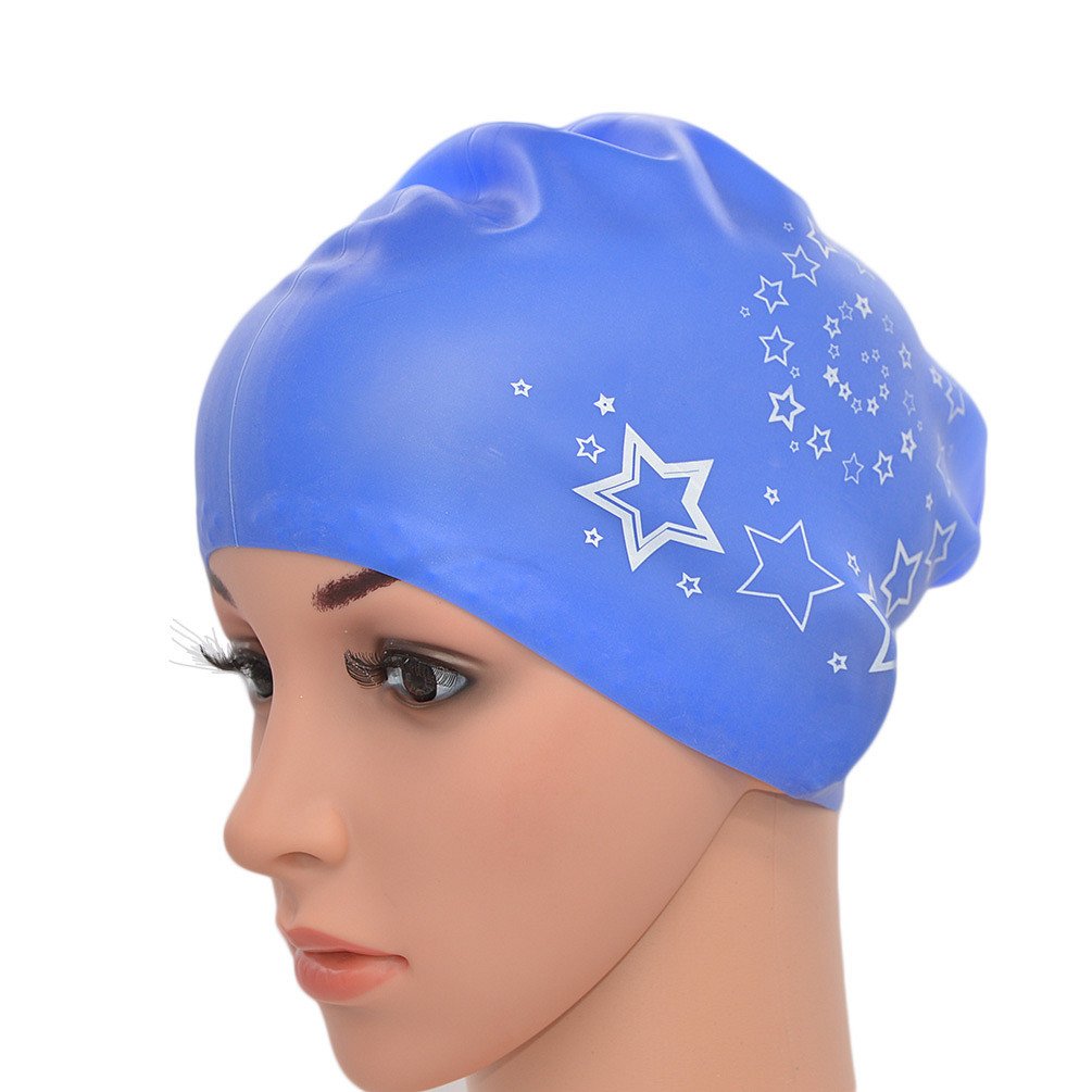 Medifier Women Ladies Elastic Silicone Water Pool Swimming Hat Cap Ear Wrap Hat for Long Hair Adults Star Print(Blue)