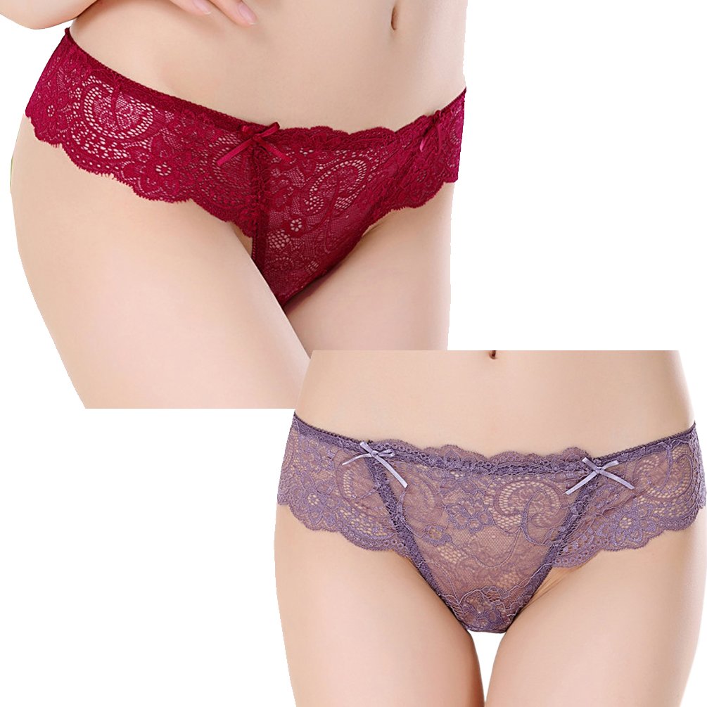 ENJOYNIGHT Women\'s Lace Thong Panty Bow Lace Underwear 2 Pack (Small=Tag M, Red+light Purple)