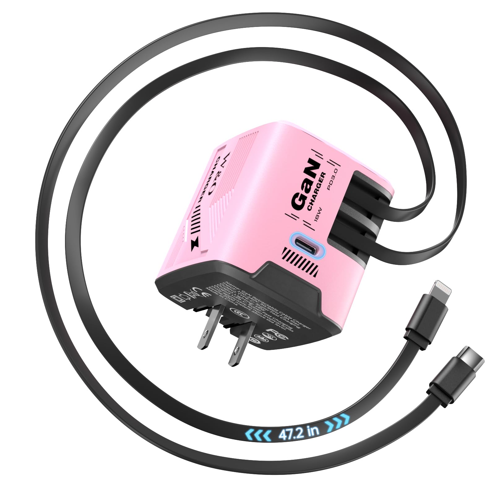 W & O Fast Charger for iPhone17/16/15,60W gan Charger,Retractable Phone Charger Wall Plug with Lightening and Type-C Cables for iPhone, Galaxy S25/24,Android and More (Pink)