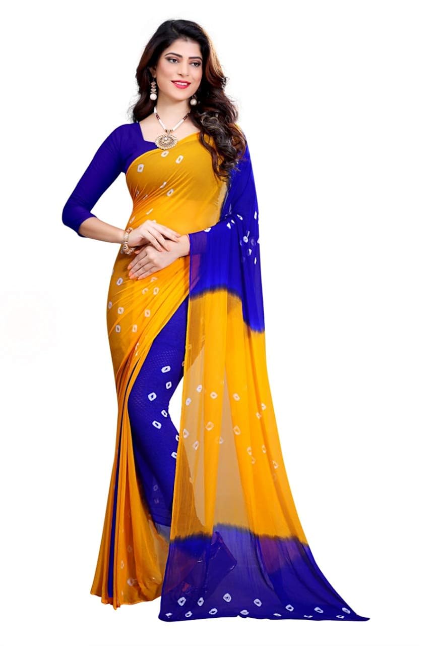 amyaa fashion women's chiffon saree (yellow & blue_ free size)