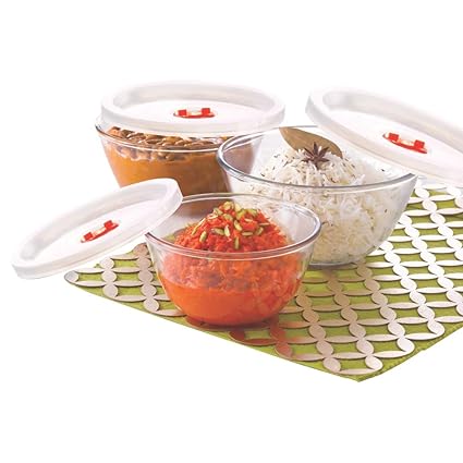 Borosil Glass Mixing Bowl Set with Lid, 3-Pieces, Transparent
