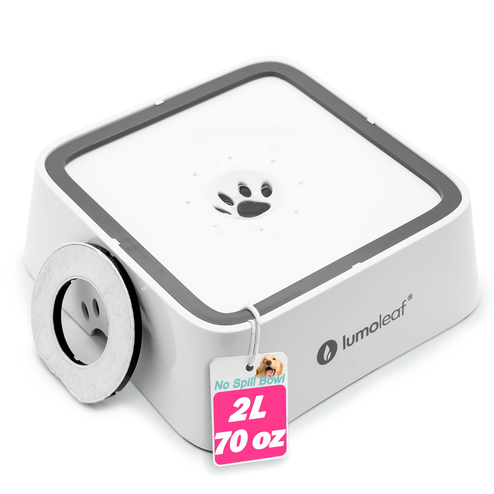 Photo 1 of LumoLeaf No Spill Water Bowl for Dogs with Filter, 70oz/2L, Slow Feeder for Messy Drinkers, Drip-Free & Splash-Proof Design (White 70 fl oz)