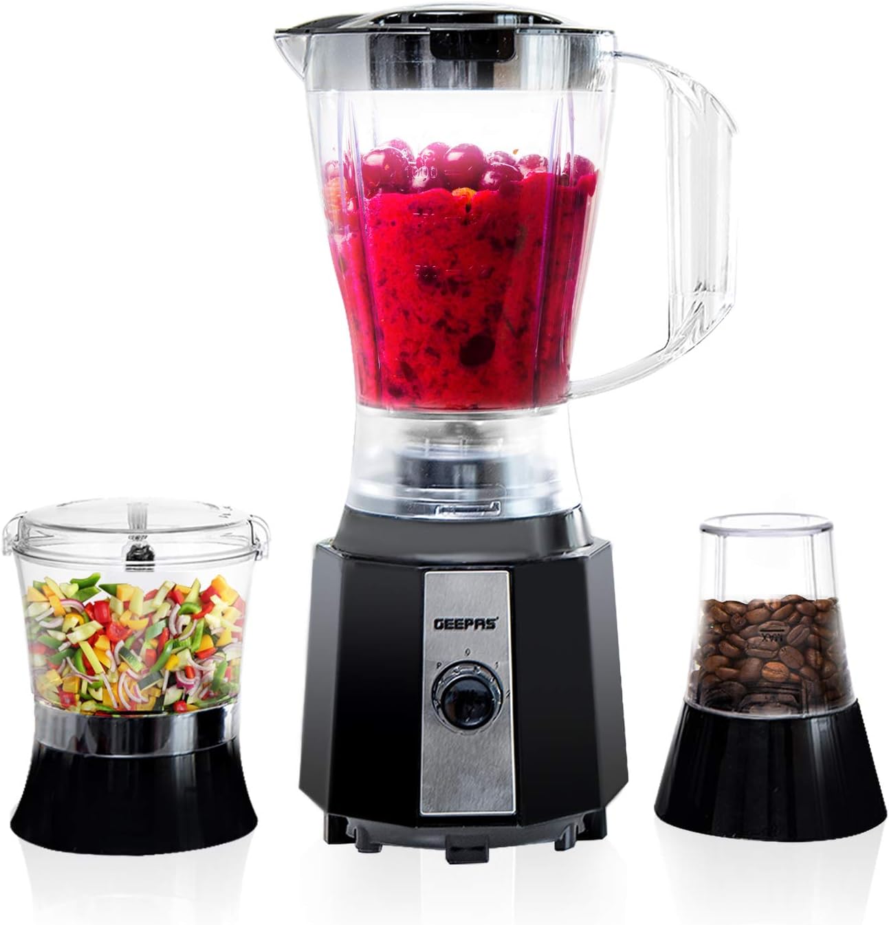 Geepas 400W 3 in 1 Food Jug Blender with 1.5L Jar Stainless Steel Blades, 2 Speed Control with