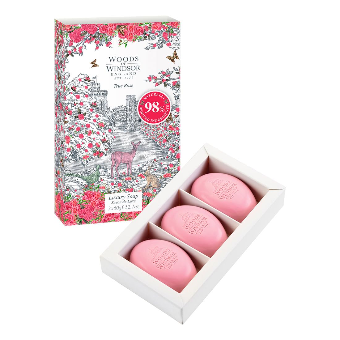 Woods of Windsor Rose Soap Bars, Moisturising Soap Bar with Shea Butter, Hand and Body Soap, True Rose Scent 3 x 60g