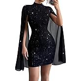 Novaorily Womens 2025 Fall Mock Neck Mesh Sheer Long Sleeve Sparkly Knit Bodycon Mini Homecoming Dress with Rhinestones