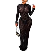 Women's Casual Turtleneck Long Sleeve Elegant Long Dress Lounge Mesh Bodycon Maxi Party Dresses