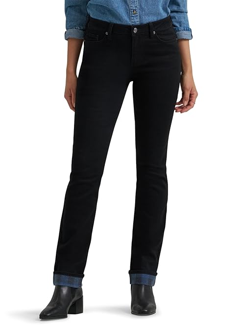 Lee Women's Legendary Mid Rise Straight Leg Jean, Dark Wander - Plaid Fleece Lined, 8 Long