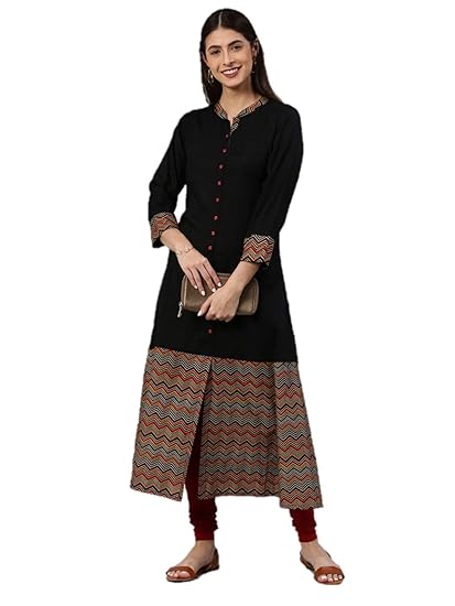 Women's Rayon & Cotton Cambric Zig-Zag Printed A-line Kurta (Black)