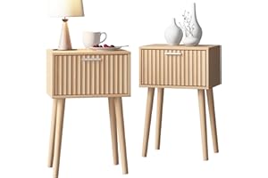 LAATOOREE Nightstands Set of 2, Small Side Table, Bedside Table with Fluted Door, Solid Wood Feet; Modern Mid-Century End Table for Bedroom, Small Space (Natural)