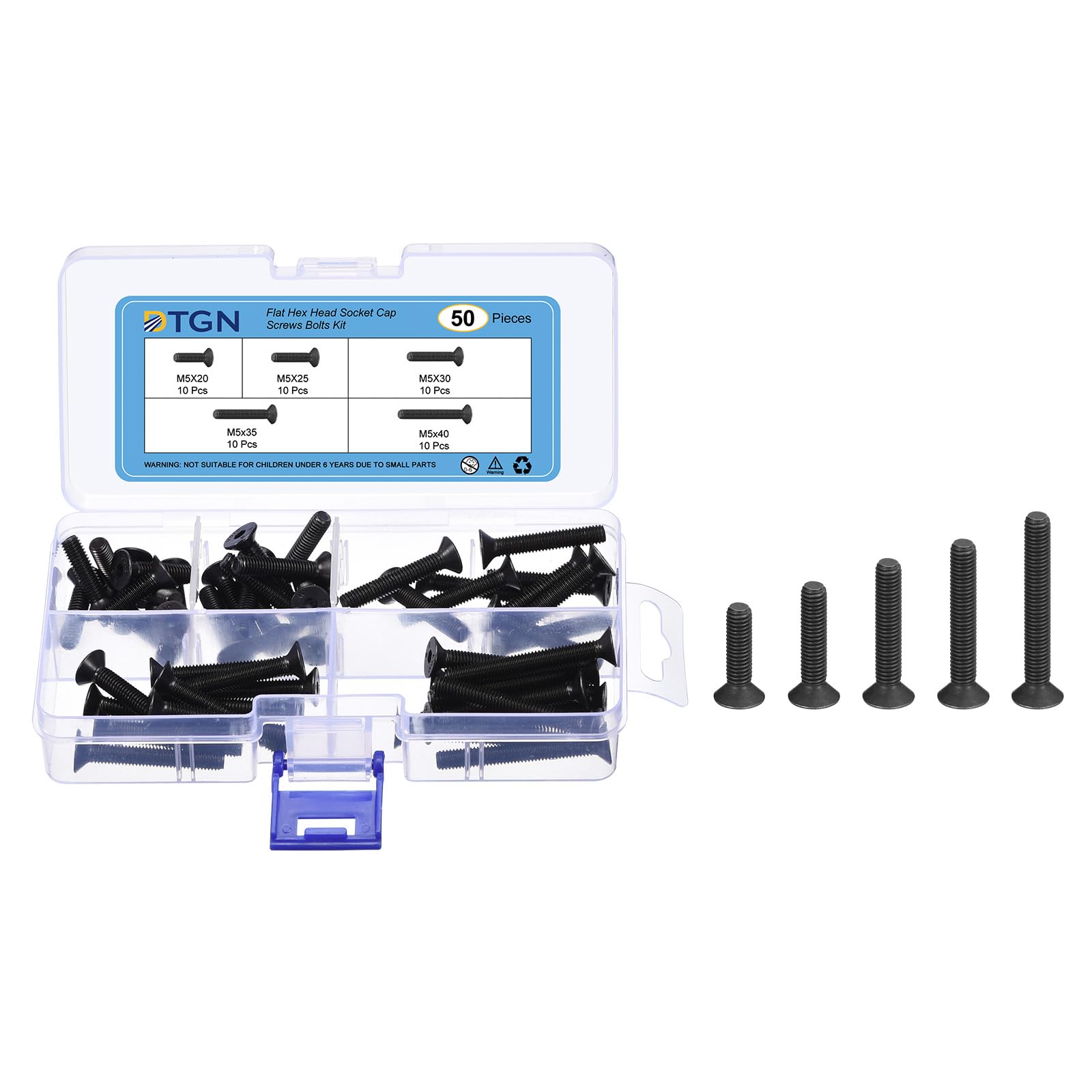 DTGN 50Pcs M5 x 20mm /25mm /30mm /35mm /40mm Flat Head Hex Socket Cap Screws Bolts Kit, Carbon Steel Black Oxide, Full Thread, Countersunk Bolts