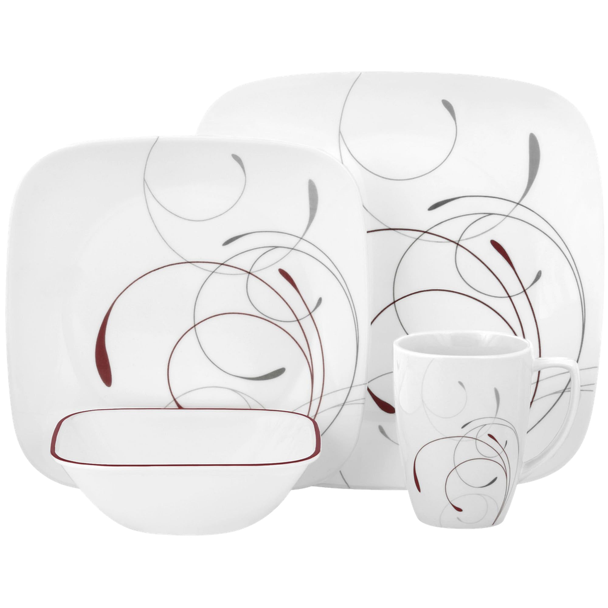 Corelle 16-Piece Vitrelle Glass Splendor Chip and Break Resistant Dinner Set, Service for 4, Red/Grey