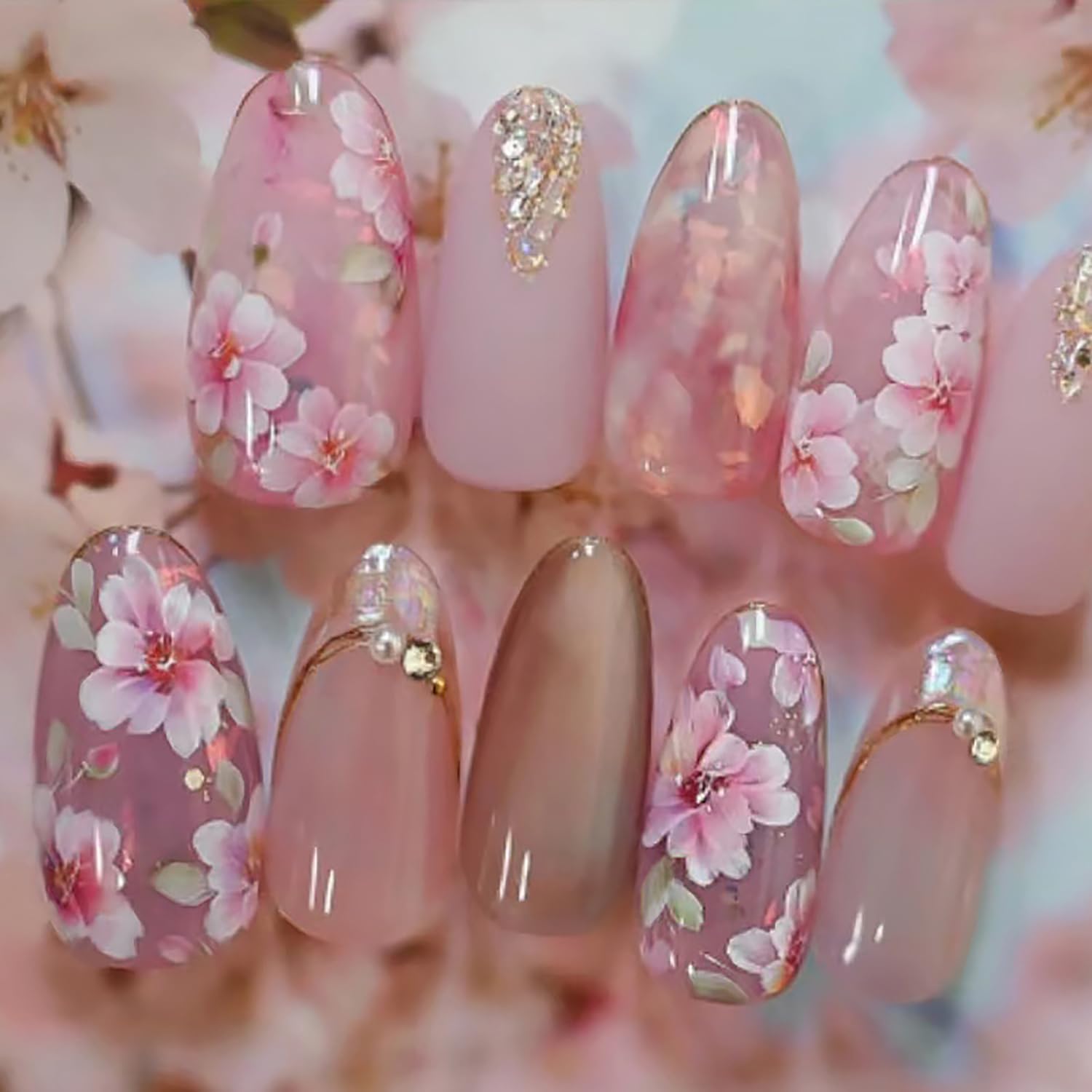 Press on Nails Medium Almond Shape-Glossy Full Cover Acrylic Pointed Rhinestone False Nails with Pink Floral Designs Artificial Fake Nails with Charms Glue ons Nails Stick on Fingernails for Women