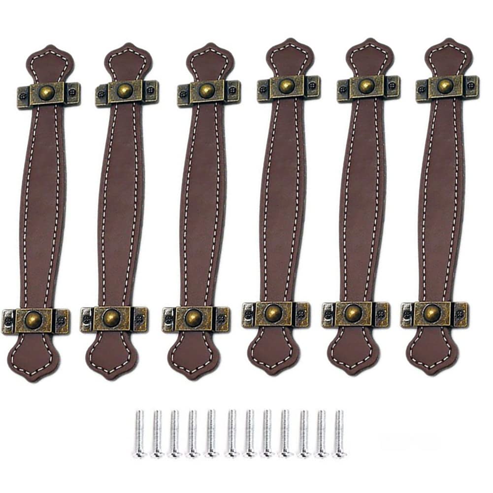 Alnicov 6pcs Leather Drawer Pulls Vintage Practical Suitcase Handles Leather Pull Handles for Drawer Cabinet Door Light Brown