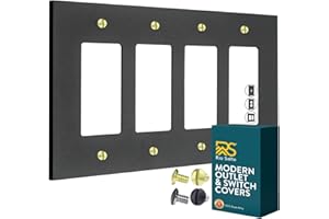 RIO SALTO Modern Metal Matte Black Quad Decorator Wall Outlet Cover Light Switch Cover Double Rocker Decora Electrical Decorator Wall Plate Electric Outlet Covers Black Receptacle - Midsize 4 Gang