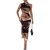 Milumia Women's Printed Mock Neck Bodycon Maxi Dress Sleeveless Mesh Long Dress Party Cocktail