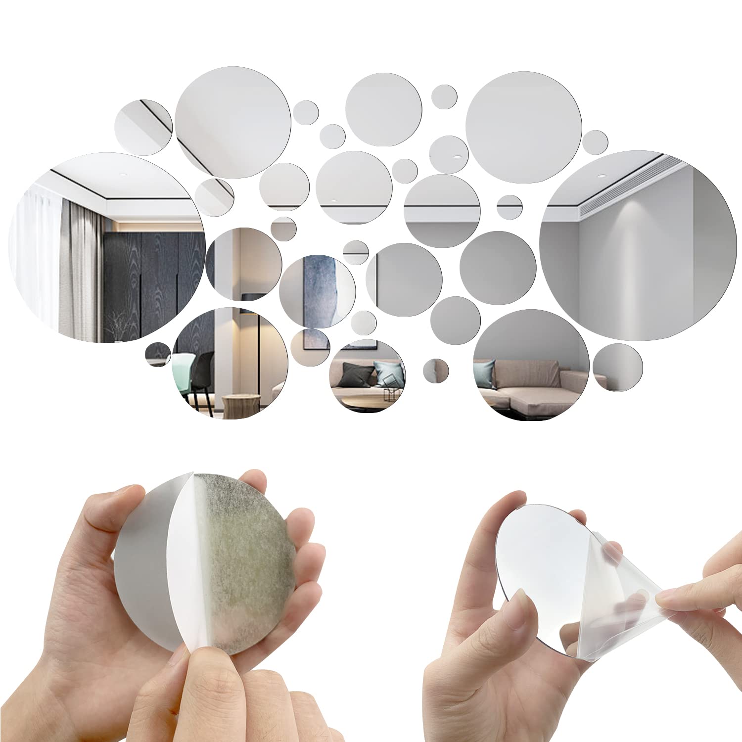 SHUIYUE 32 Round Acrylic Mirror Wall Stickers - Removable, DIY, with 4 I-Shaped Nails, for Home, Bedroom Background Decor