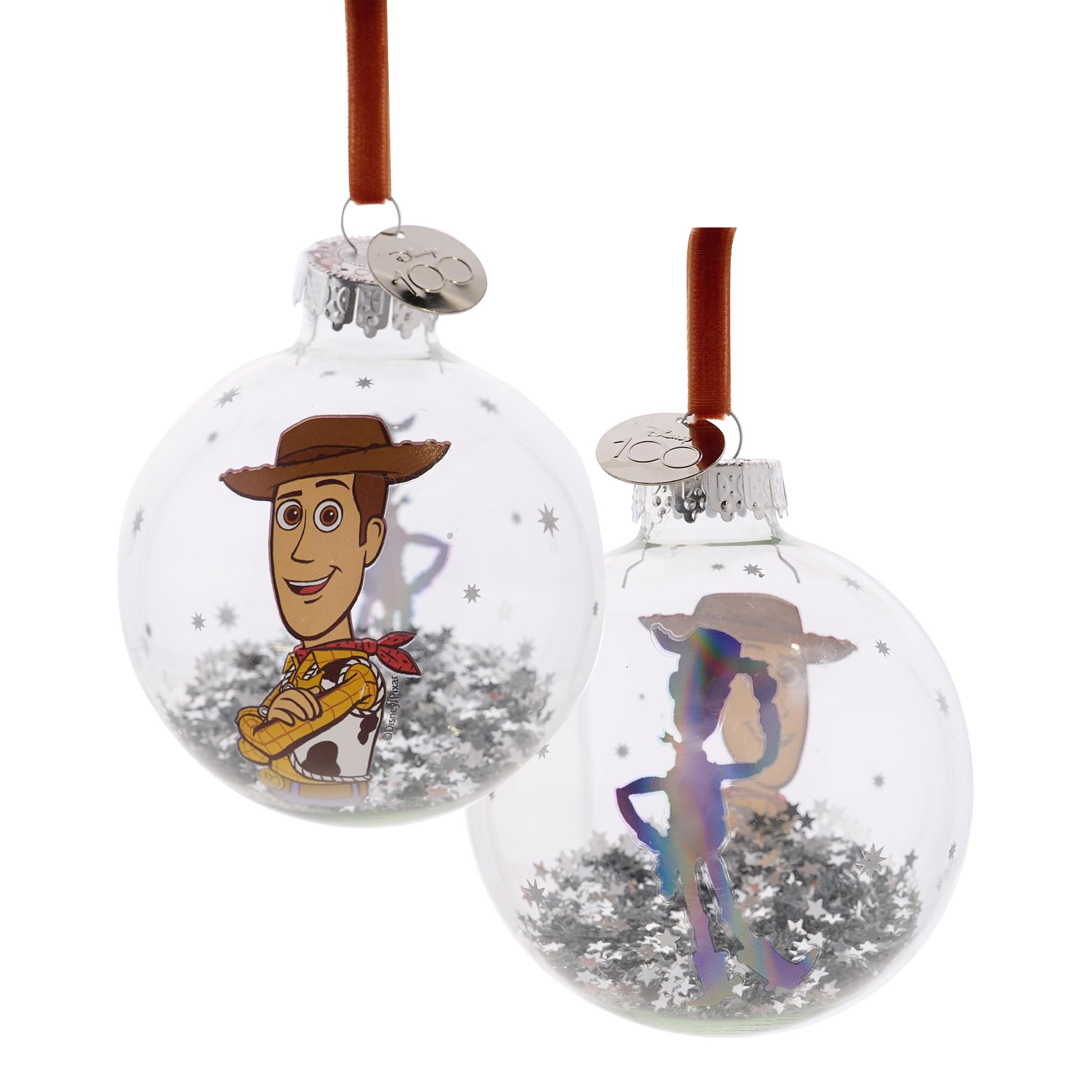 Disney 100 Woody Christmas Glass Bauble – Toy Story Hanging Tree Decoration with Iridescent Silhouette, Velvet Hanger & Character Trinkets – Official Disney 100th Anniversary Collectible Gift