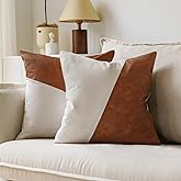 GEGELICA Faux Leather Patchwork White Linen Throw Pillow Covers Modern Minimalist Farmhouse Solid Boho Decorative Pillow Covers for Couch Living Room Bedroom Set of 2 18X18 Inch Brown and Cognac