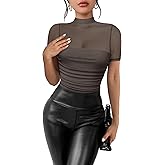 Kentysill Women's Mesh Sexy Mock TurtleNeck Bodysuits Short Sleeve Shirt Ruched Sheer Body suit Summer Trendy Going Out Tops