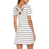 Feager Women's Casual Striped Criss Cross Short Sleeve T Shirt Dress with Pockets