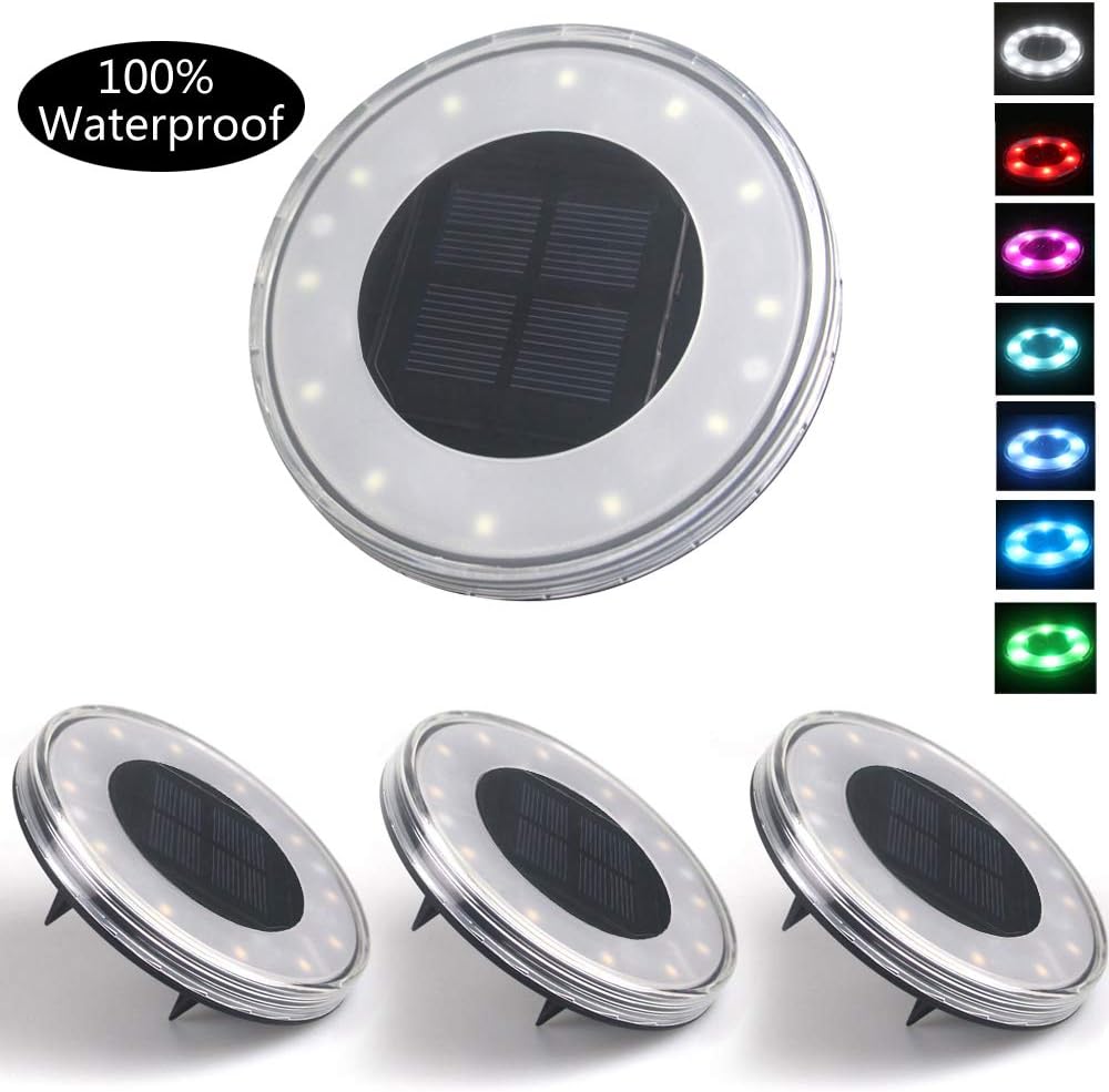 Solar Lights Outdoor, Jorft 4 Pack 18 LED Solar Powered IP67 Waterproof Ground Lamps Landscape Lighting for Lawn Pathway Deck Pond Garden Use White+RGB