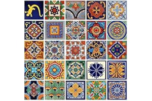 COLOR Y TRADICIÓN COLOR Y TRADICIN 25 Mixed Color Mexican Talavera Tiles, 4x4 Square, 25 Pieces, Geometric Pattern, Painted Finish, Not Water Resistant, Perfect for Walls, Countertops, Backsplash