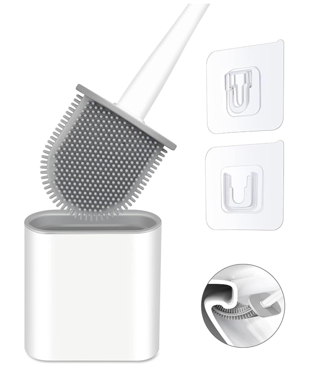 KWIK CLEAN Silicone Toilet Brush & Holder-White Flexible Toilet Bowl Cleaner, Hygenic, Anti-Drip, Quick Dry, Non-Scratch Bathroom Cleaning Brush, Slim Space Saving Single Toilet Brush Set
